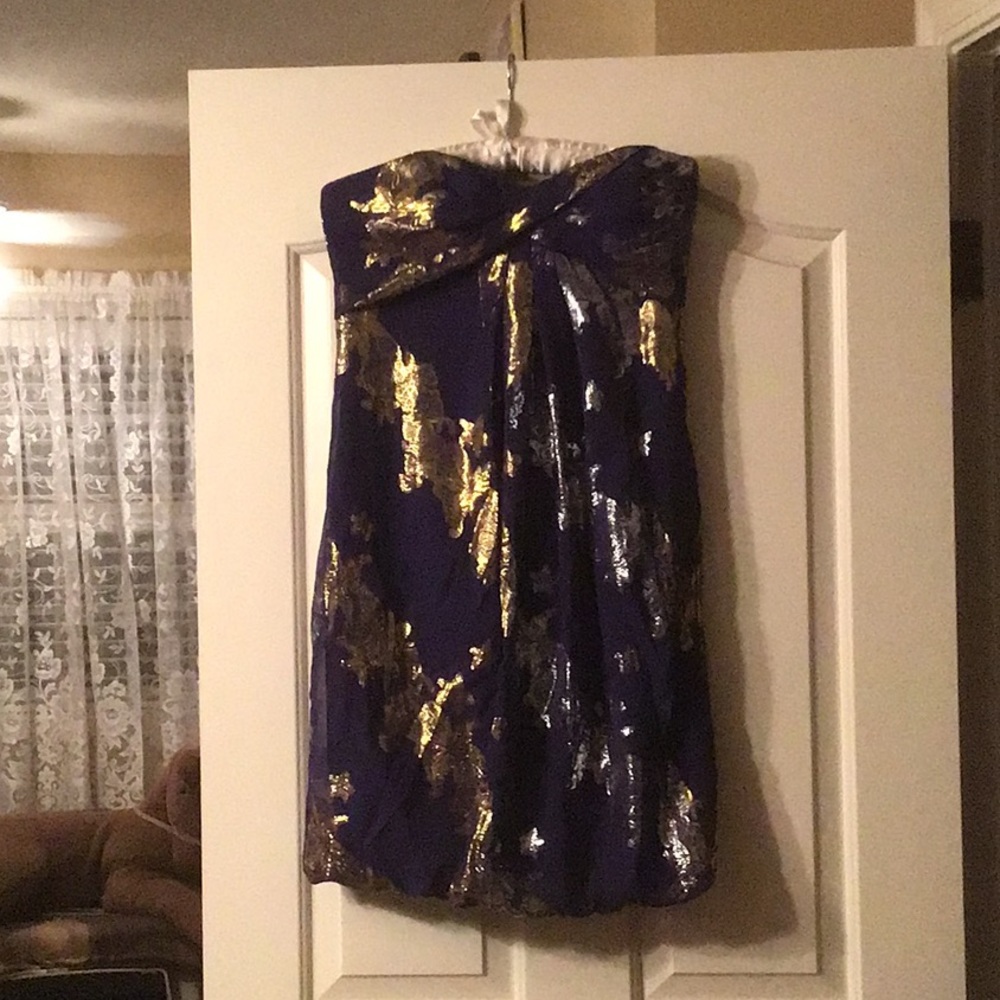 Nicole Miller straplesss purple , gold, and silver cocktail dress